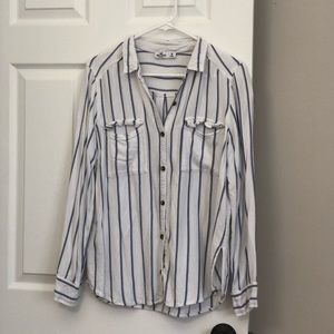 Hollister Women's Button Down Striped Soft Collared Shirt White Blue Medium
